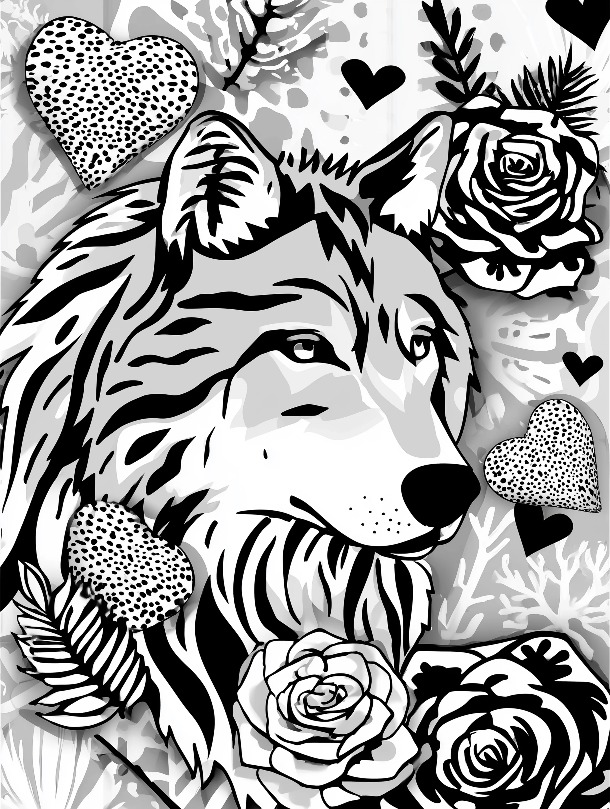 Free printable wolf coloring page for adults featuring a wolf with floral elements
